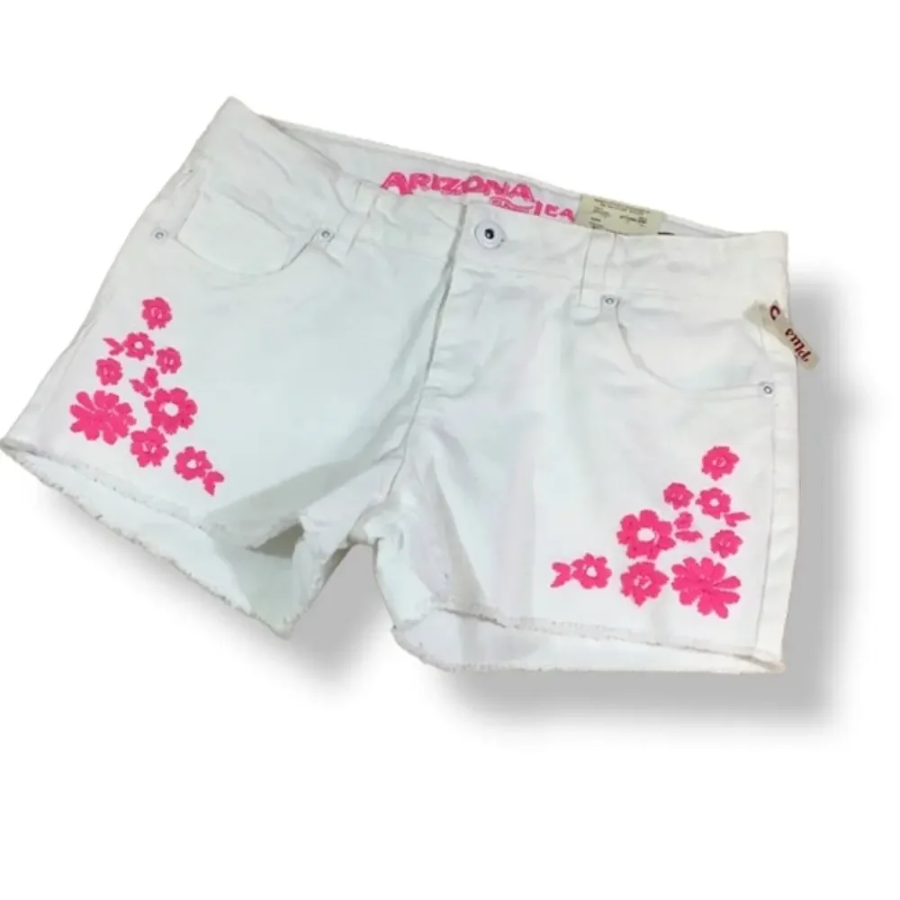 Arizona Jean Co Girls Shorts Sz 12.5 Plus Pink Embroidered Flowers White Shortie